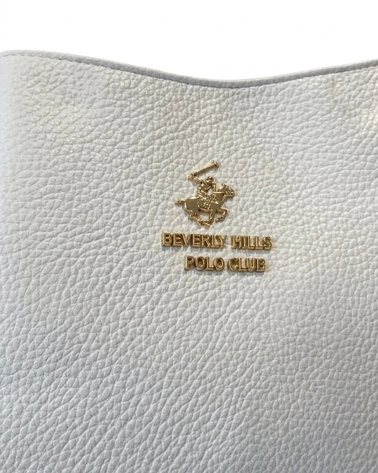 Borsa a mano Beverly Hills Polo Club color bianco con doppi manici, texture martellata e logo dorato frontale - Buttò Calzature - dettaglio.