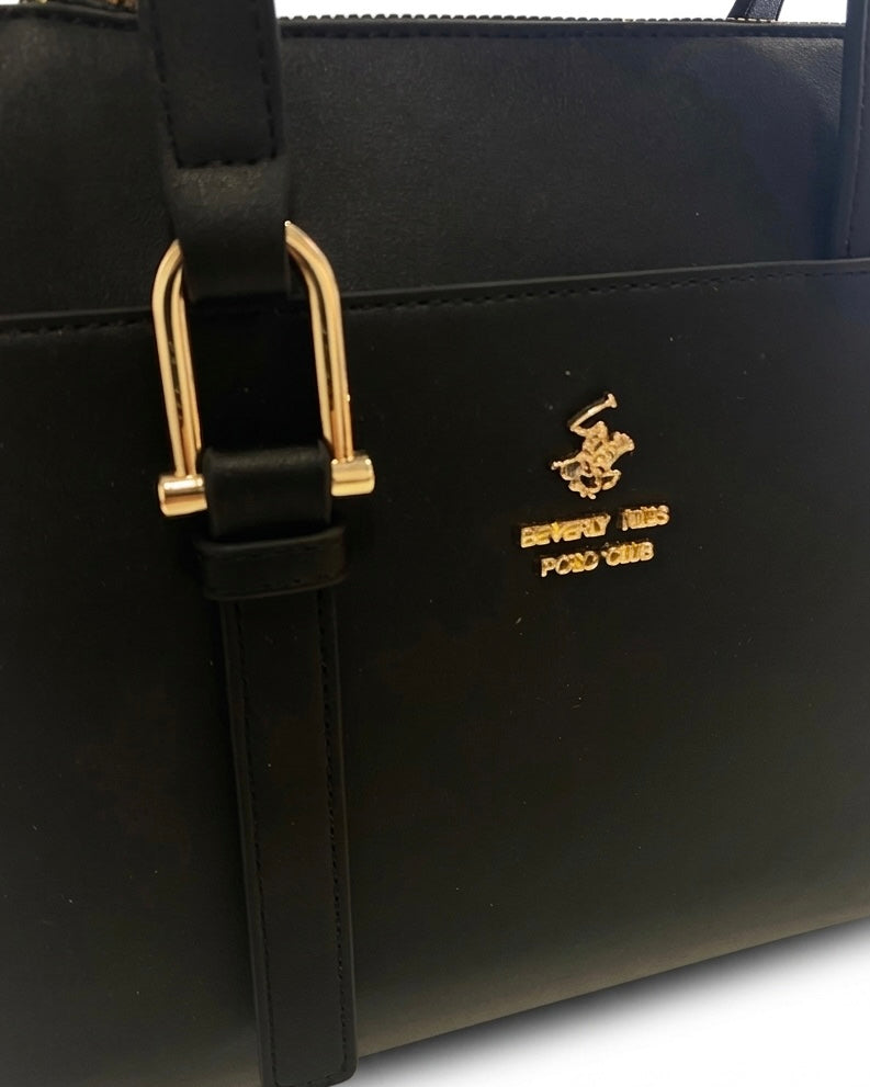 Borsa a mano Beverly Hills Polo Club nera strutturata con doppi manici, chiusura a zip e logo dorato frontale - Buttò Calzature - dettaglio.