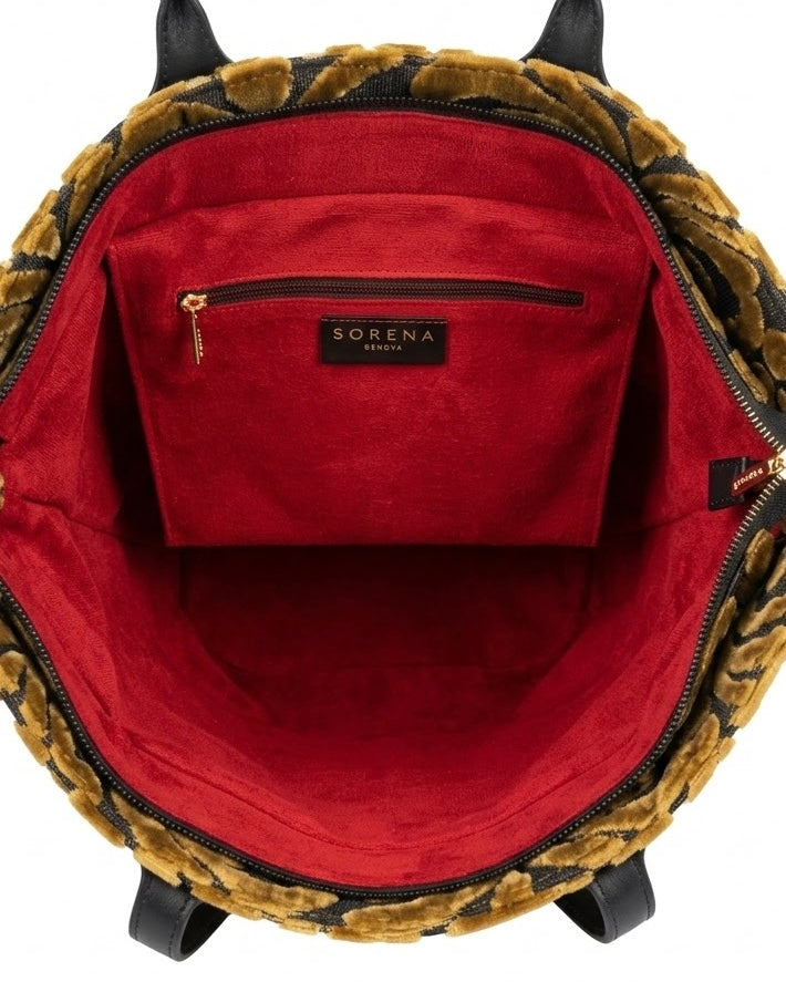 Borsa shopping grande Sorena prodotta in Grecia in tessuto jacquard vellutato oro e nero con manici neri - Buttò Calzature - interno.