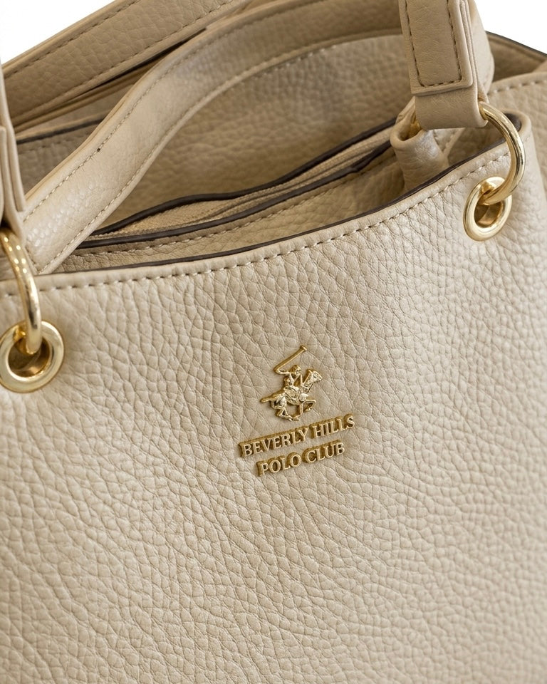Borsa a spalla Beverly Hills Polo Club color beige sabbia con doppi manici e logo metallico dorato - Buttò Calzature - dettaglio.