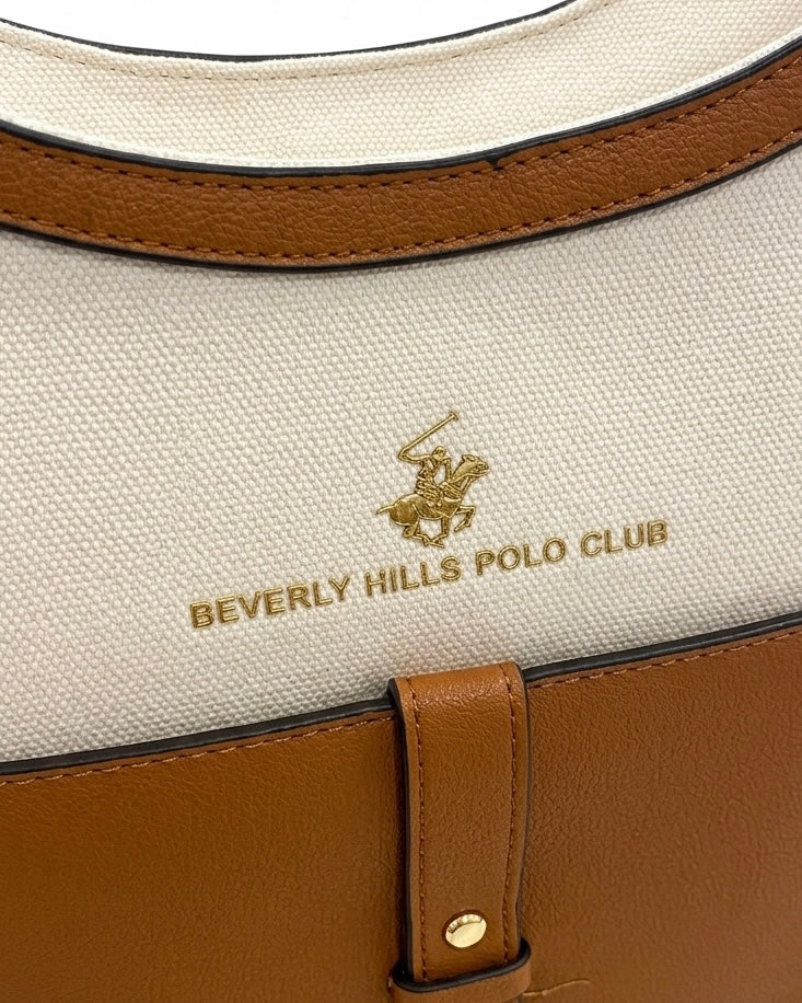 Borsa a spalla Beverly Hills Polo Club bianca con tasca frontale e tracolla color cuoio - Buttò Calzature - dettaglio.
