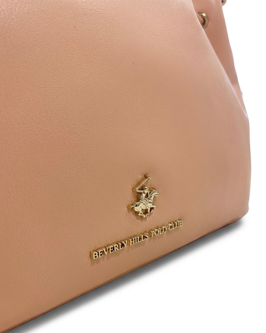 Borsa a tracolla Beverly Hills Polo Club rosa pesca con dettaglio coulisse, finiture e logo dorati - Buttò Calzature - dettaglio.