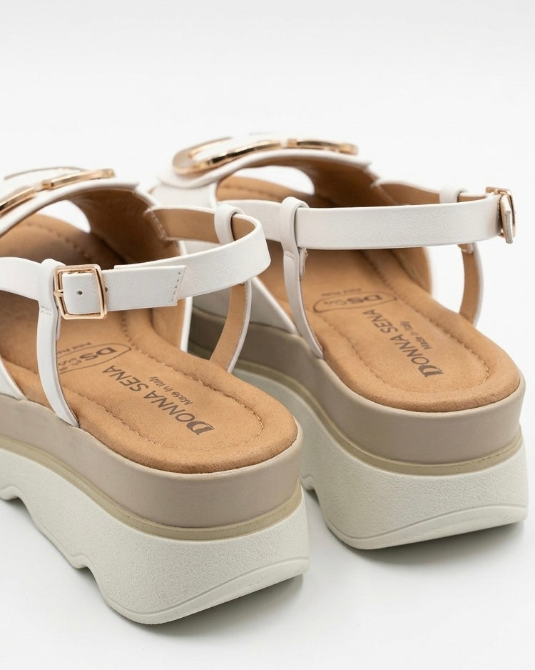 Sandali Donna Serena in pelle color platino/oro con fasce incrociate, cinturino regolabile e plantare con tecnologia DS Gel ammortizzante-retro.
