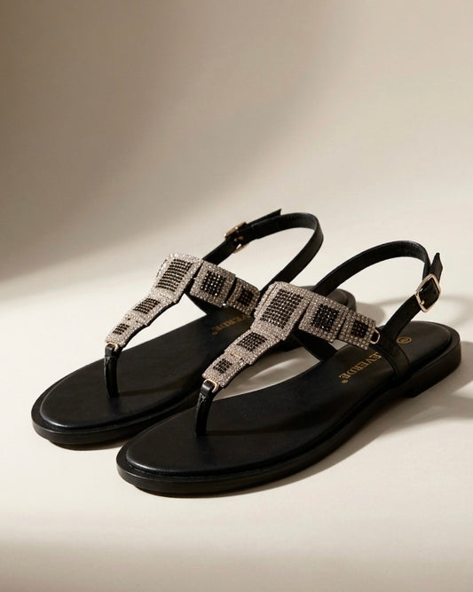 Sandali infradito Valleverde neri da donna con fasce geometriche ricoperte di strass e cinturino alla caviglia - Buttò Calzature.