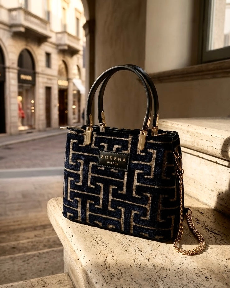 Borsa a mano Sorena prodotta in Grecia in tessuto jacquard vellutato con motivo geometrico greco nero e beige, manici neri e tracolla a catena dorata - Buttò Calzature.