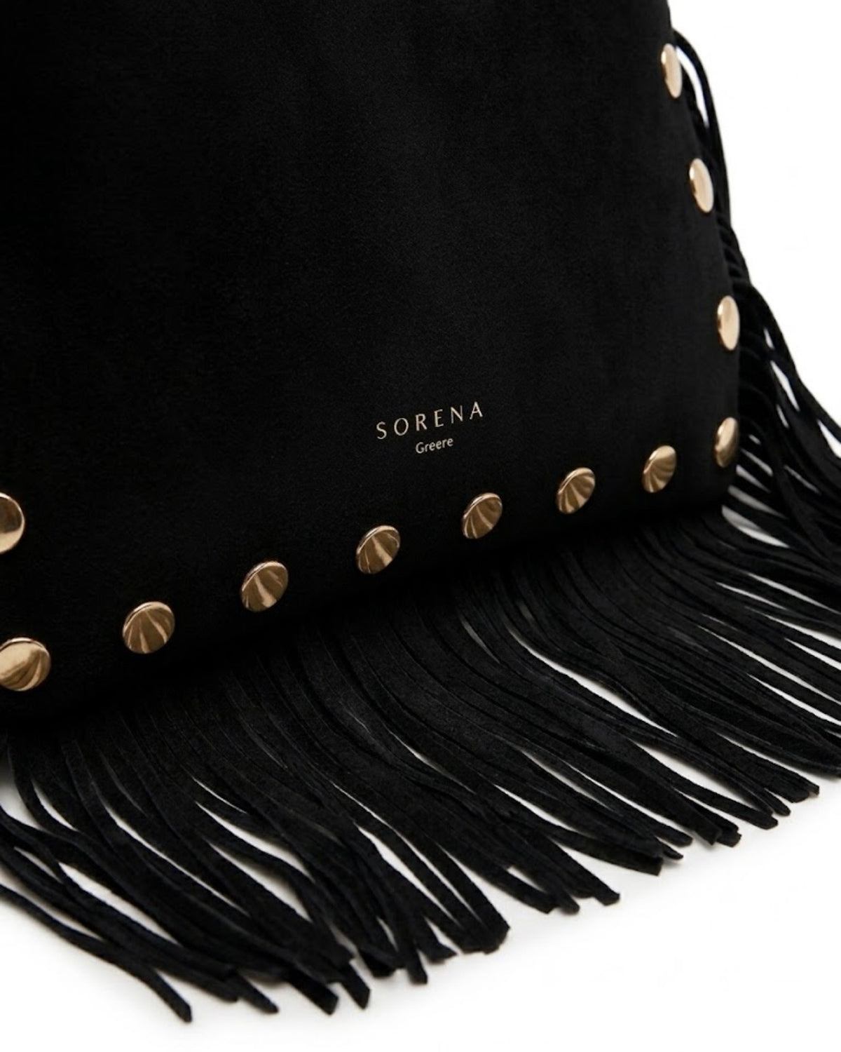 Borsa a spalla Sorena prodotta in Grecia in camoscio nero con borchie metalliche dorate e frange laterali - Buttò Calzature - logo.