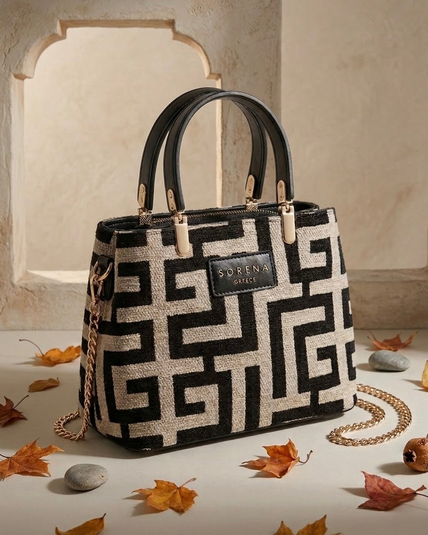 Borsa a mano Sorena prodotta in Grecia in tessuto jacquard con motivo geometrico greco nero e beige, manici neri e tracolla a catena dorata - Buttò Calzature.