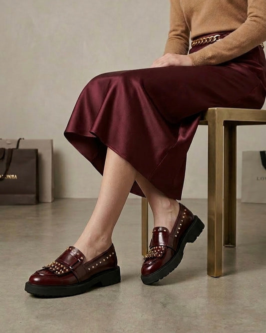 Mocassino in pelle bordeaux con borchie