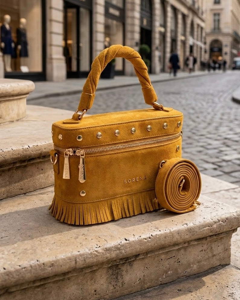 Borsa bauletto a mano e tracolla Sorena prodotta in Grecia in camoscio giallo ocra con manico intrecciato, borchie e frange - Buttò Calzature.