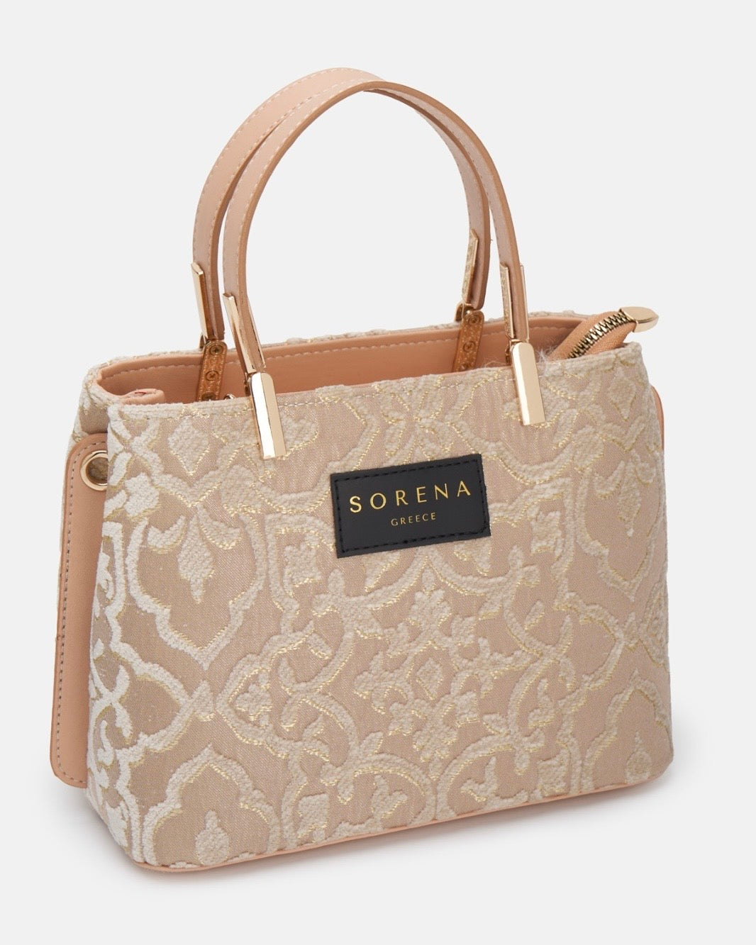 Borsa a mano e tracolla Sorena prodotta in Grecia in tessuto jacquard damascato beige e oro con manici rosa cipria, etichetta nera e catena dorata - Buttò Calzature.