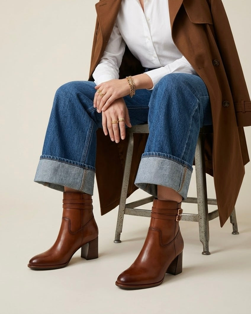 Stivaletti tronchetti Tamaris in vera pelle cuoio con tacco largo e doppi cinturini con fibbie dorate - Buttò Calzature - modella.