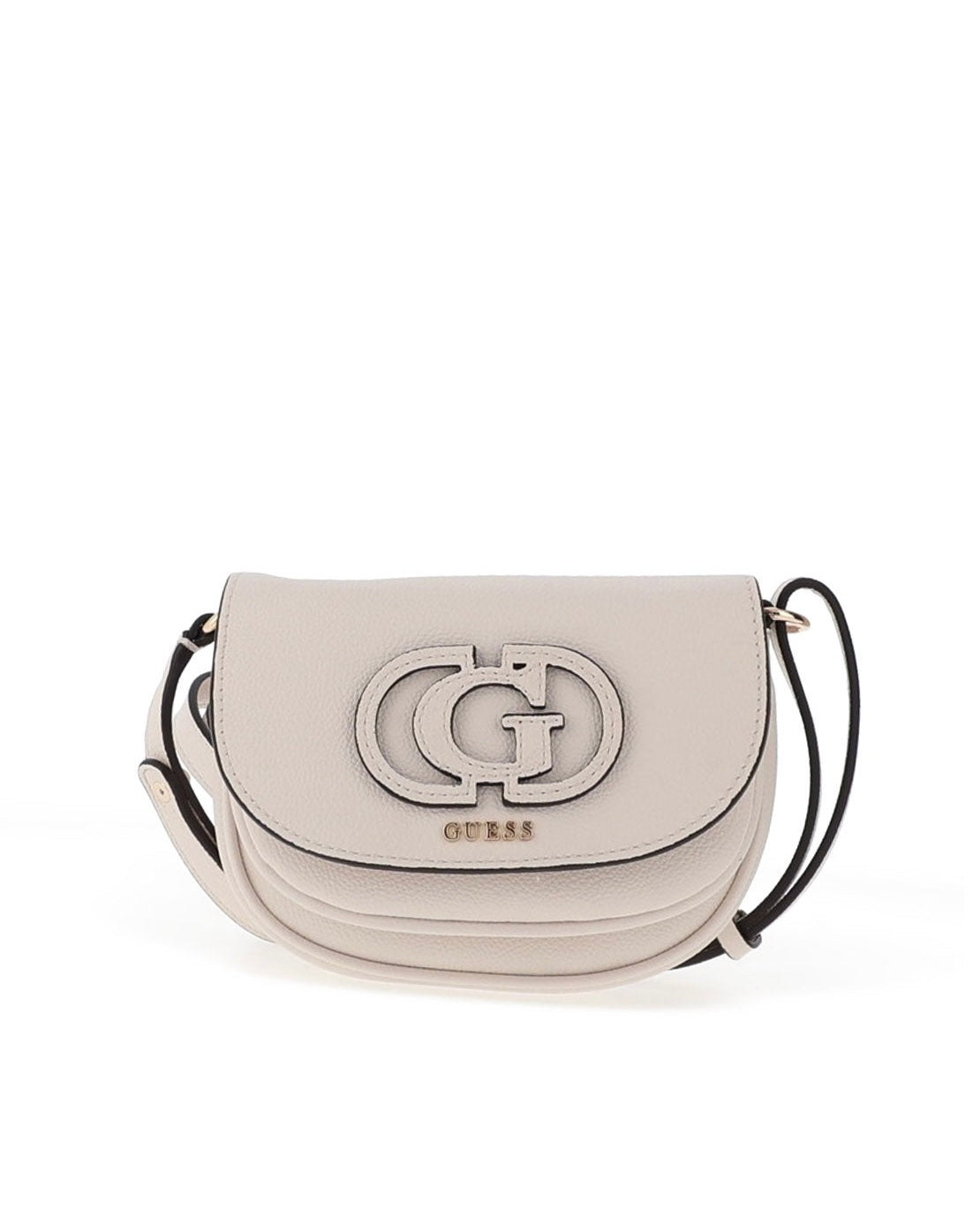 Borsa a tracolla compatta Guess color ghiaccio con logo frontale traforato e tracolla regolabile, vista frontale su sfondo bianco.