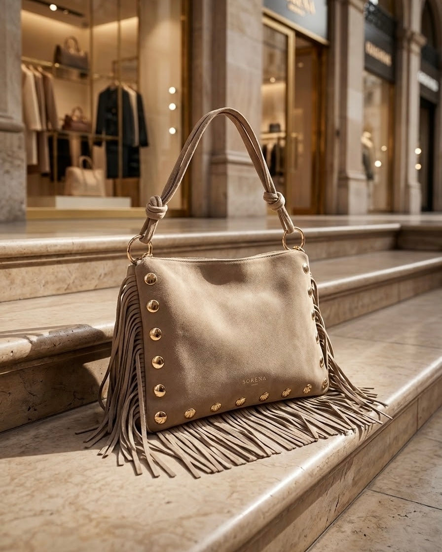 Borsa a spalla Sorena prodotta in Grecia in camoscio beige tortora con borchie metalliche dorate e frange laterali - Buttò Calzature.