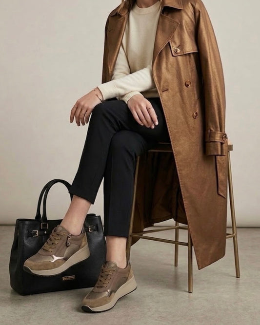 Sneakers da donna brand IMAC in pelle bronzo metallizzato e camoscio taupe, con lacci piatti e pratica zip laterale su suola platform beige - modella.
