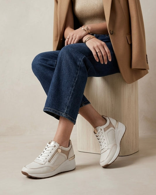 Sneakers Stonefly Donna in Pelle con Zeppa e Dettagli Oro - Bianco