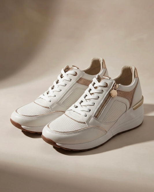 Sneakers Stonefly Donna in Pelle con Zeppa e Dettagli Oro - Bianco