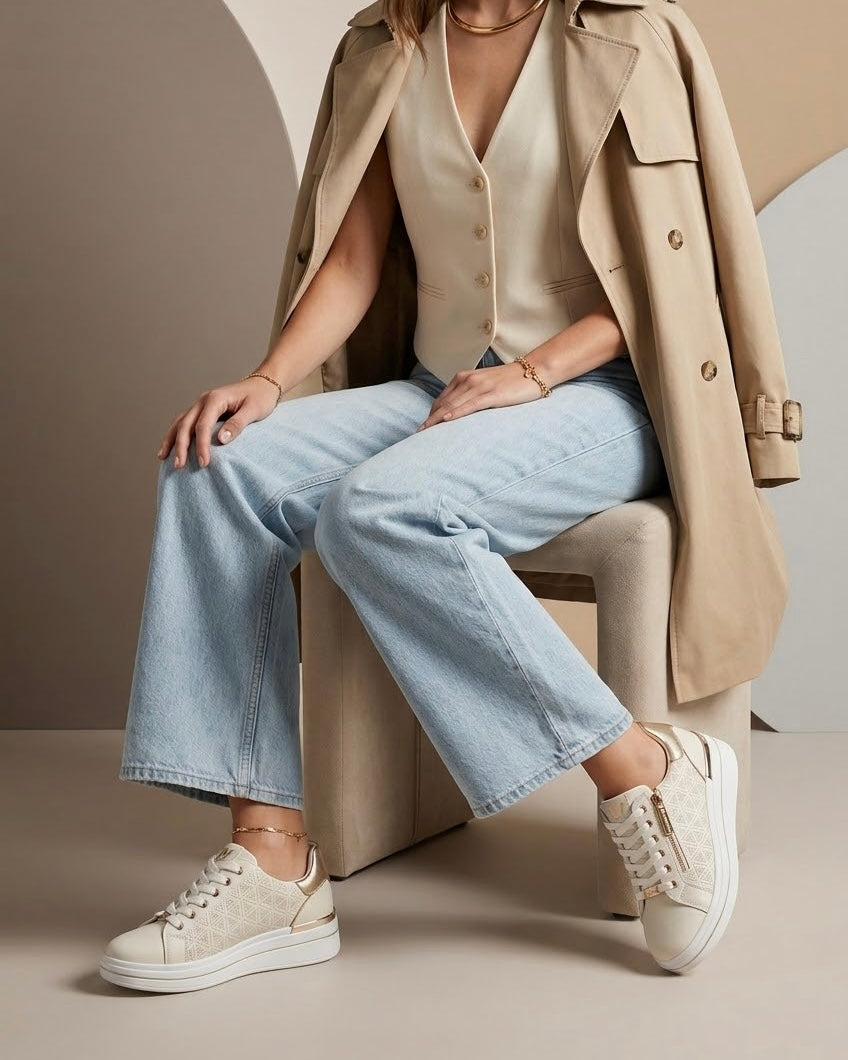 Sneakers da donna brand Valleverde color panna e bianco, con tomaia traforata al laser, inserti oro platino sul tallone e pratica zip laterale - modella.