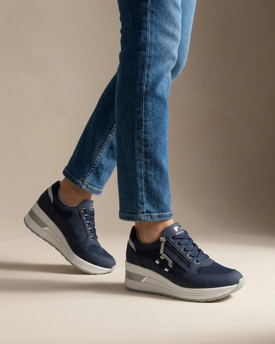 Sneakers Donna Serena Blu Navy con Zeppa Alta e Dettagli Argento