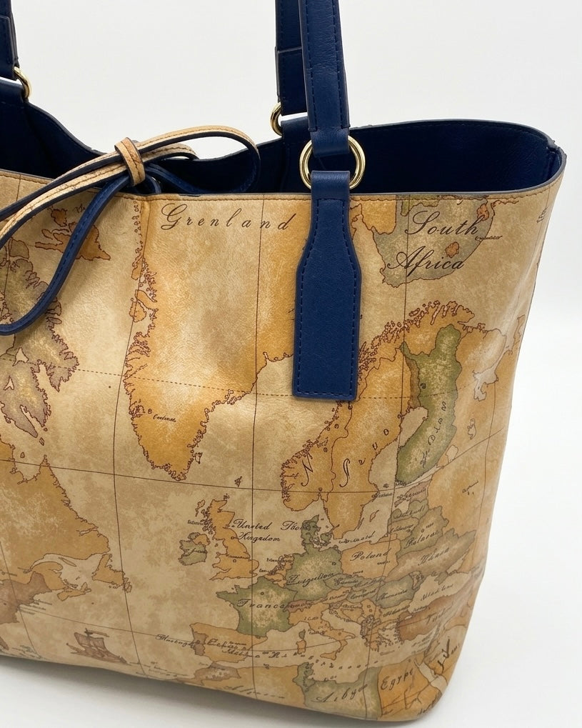 Borsa shopping Alviero Martini 1^ Classe mappa Geo Classic con manici e finiture blu navy - Buttò Calzature-dettaglio.