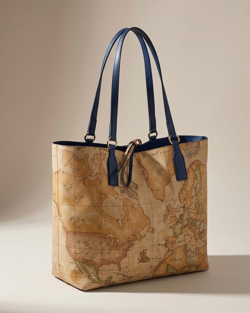 Borsa shopping Alviero Martini 1^ Classe mappa Geo Classic con manici e finiture blu navy - Buttò Calzature.
