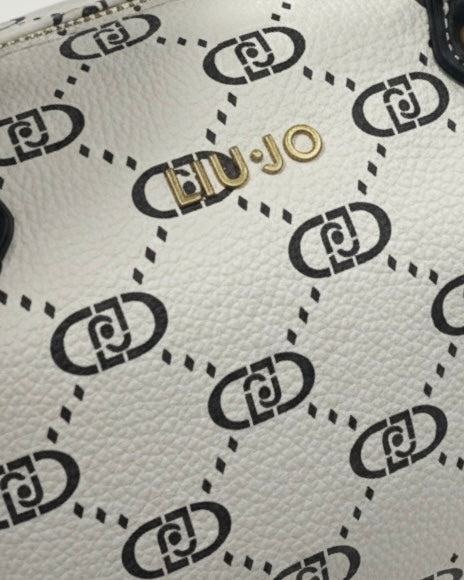 Borsa a bauletto Liu Jo Monogram bianco e nero con doppi manici - Dettaglio logo 