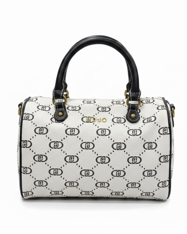Borsa a bauletto Liu Jo Monogram bianco e nero con doppi manici e logo dorato, vista frontale su sfondo bianco.