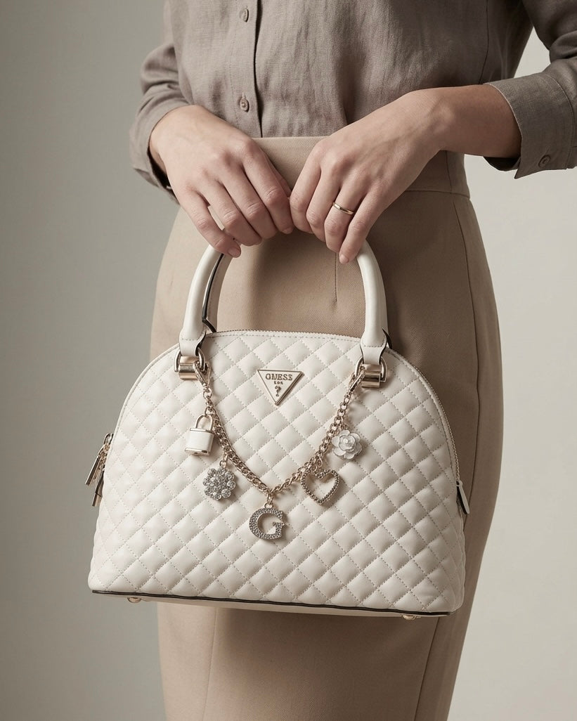 Borsa a bauletto Guess trapuntata bianca con charms gioiello dorati e logo a triangolo - Buttò Calzature-modella.