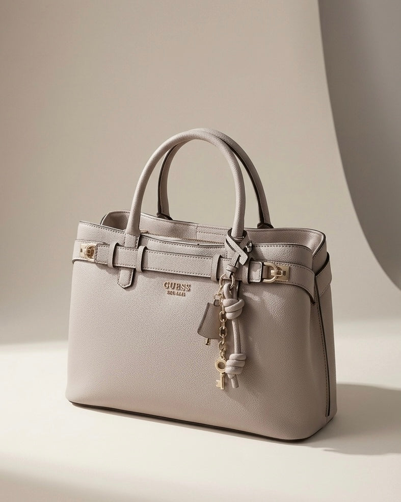 Borsa a mano Guess in ecopelle martellata color grigio tortora con charm logo e chiusura a cintura - Buttò Calzature.