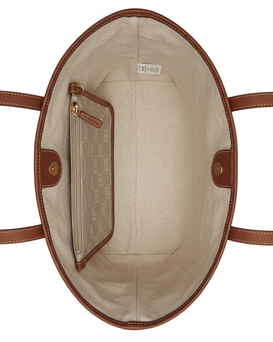 Borsa shopping Liu Jo Better beige con stampa monogram logo e manici marroni a spalla su sfondo bianco-interno.