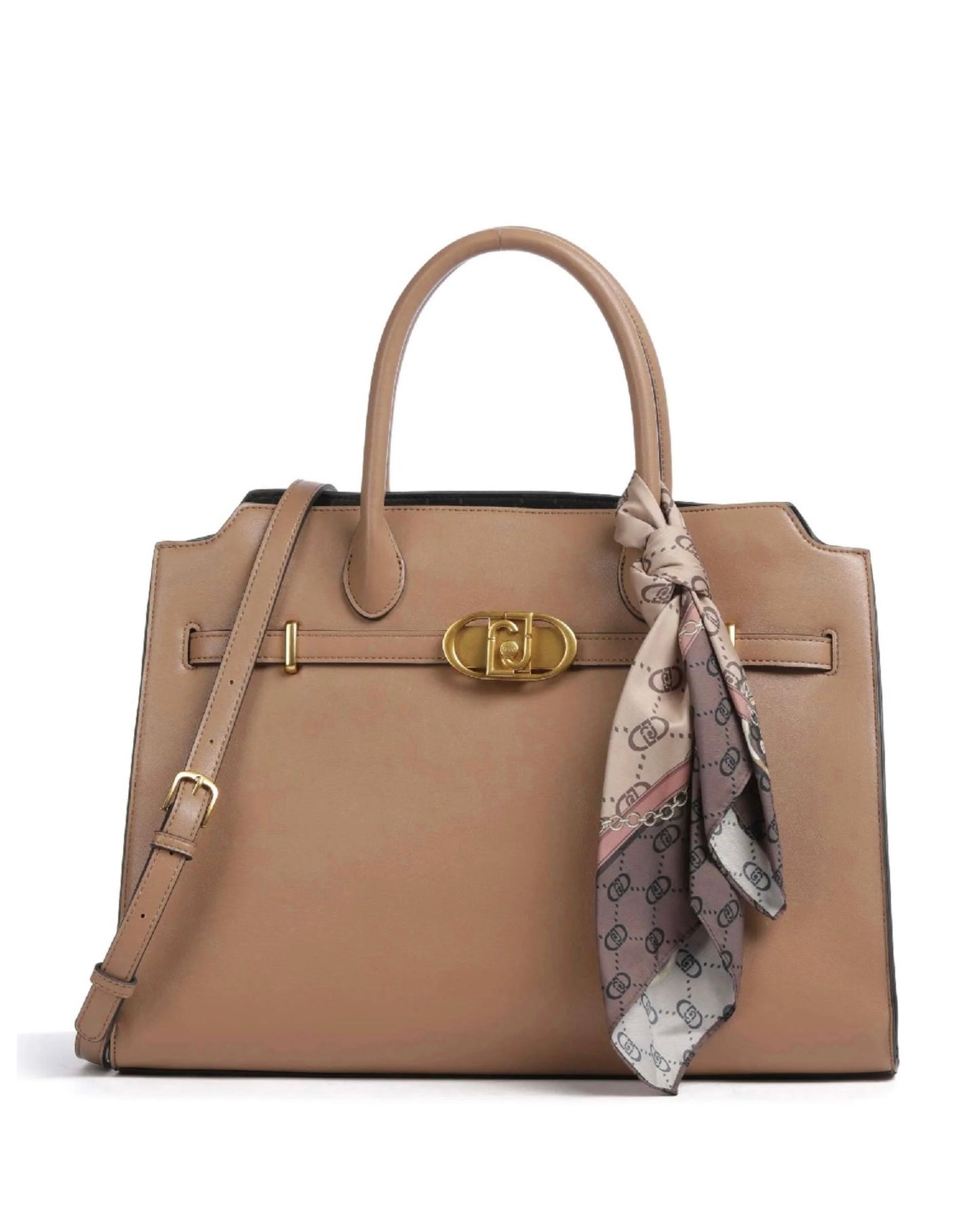 Borsa a mano Liu Jo color tortora in similpelle liscia, caratterizzata da chiusura frontale con logo monogram dorato, doppi manici e tracolla regolabile, vista frontale.