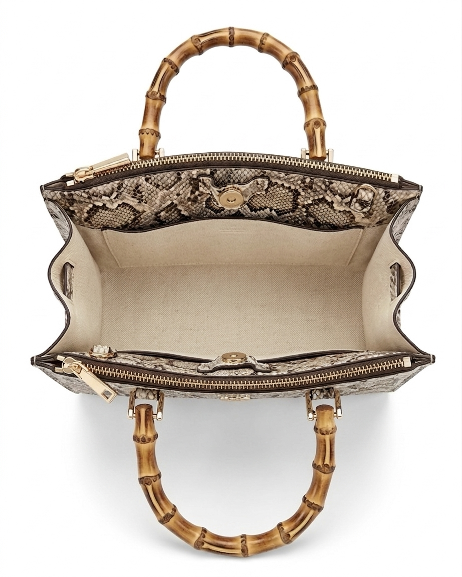 Borsa a mano Liu Jo con trama pitonata grigia e nera, manico rigido in bamboo e pendaglio dorato a forma di cuore - interno.