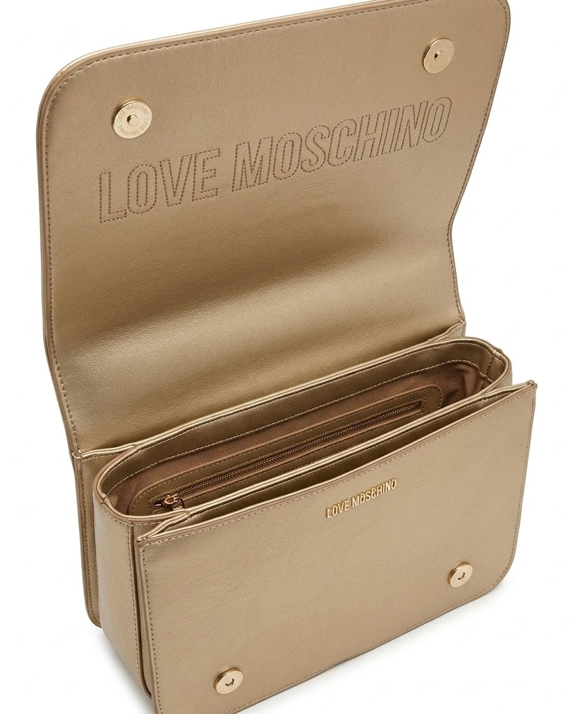 Borsa a spalla Love Moschino oro metallizzato con trapuntatura geometrica e tracolla a catena dorata-interno.