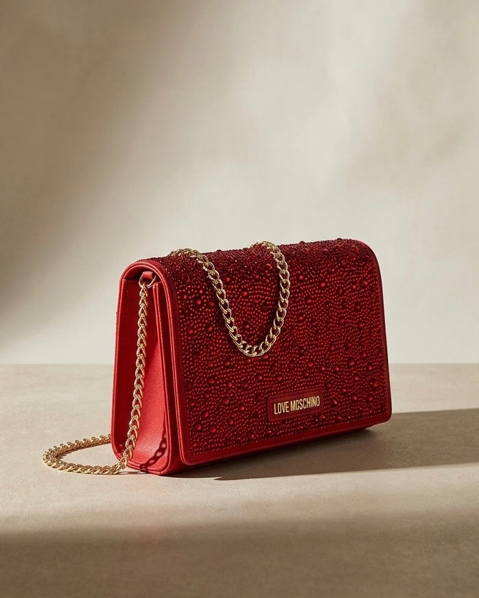 Borsa donna Love Moschino rossa elegante con copertura di strass, logo metallico dorato e tracolla a catena gold.