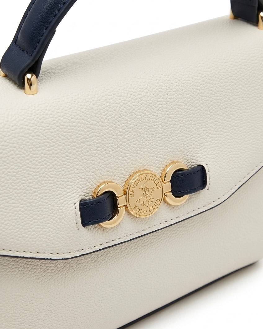 Borsa a mano con patta Beverly Hills Polo Club bianca martellata con manico blu scuro e morsetto dorato frontale - Buttò Calzature - dettaglio.