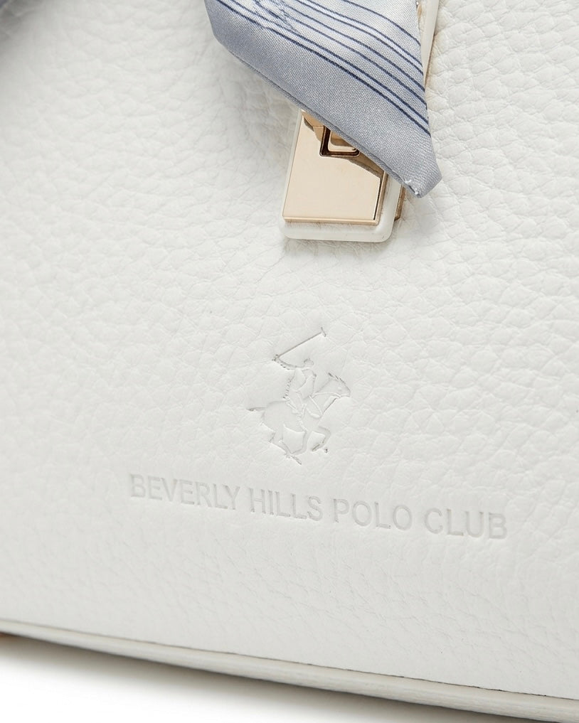 Borsa a mano Beverly Hills Polo Club bianca martellata con chiusura dorata a girello e foulard stampato sul manico - Buttò Calzature - logo.