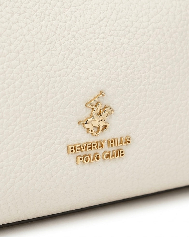 Borsa a mano Beverly Hills Polo Club bianca martellata con manici integrati, triplo scomparto e logo dorato - Buttò Calzature - dettaglio.