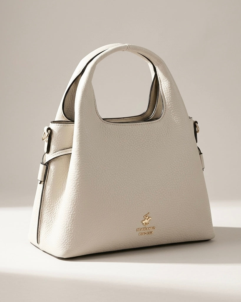 Borsa a mano Beverly Hills Polo Club bianca martellata con manici integrati, triplo scomparto e logo dorato - Buttò Calzature.