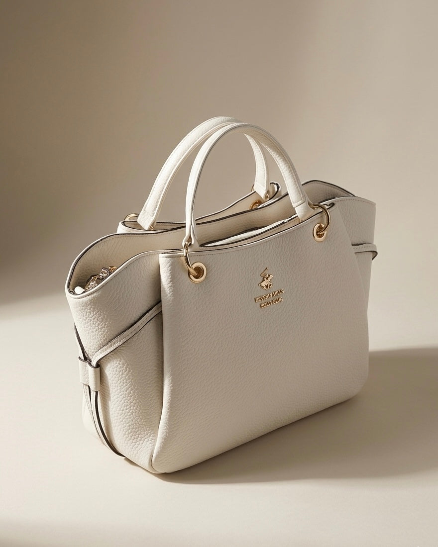 Borsa a mano Beverly Hills Polo Club color bianco con doppi manici, texture martellata e logo dorato frontale - Buttò Calzature.