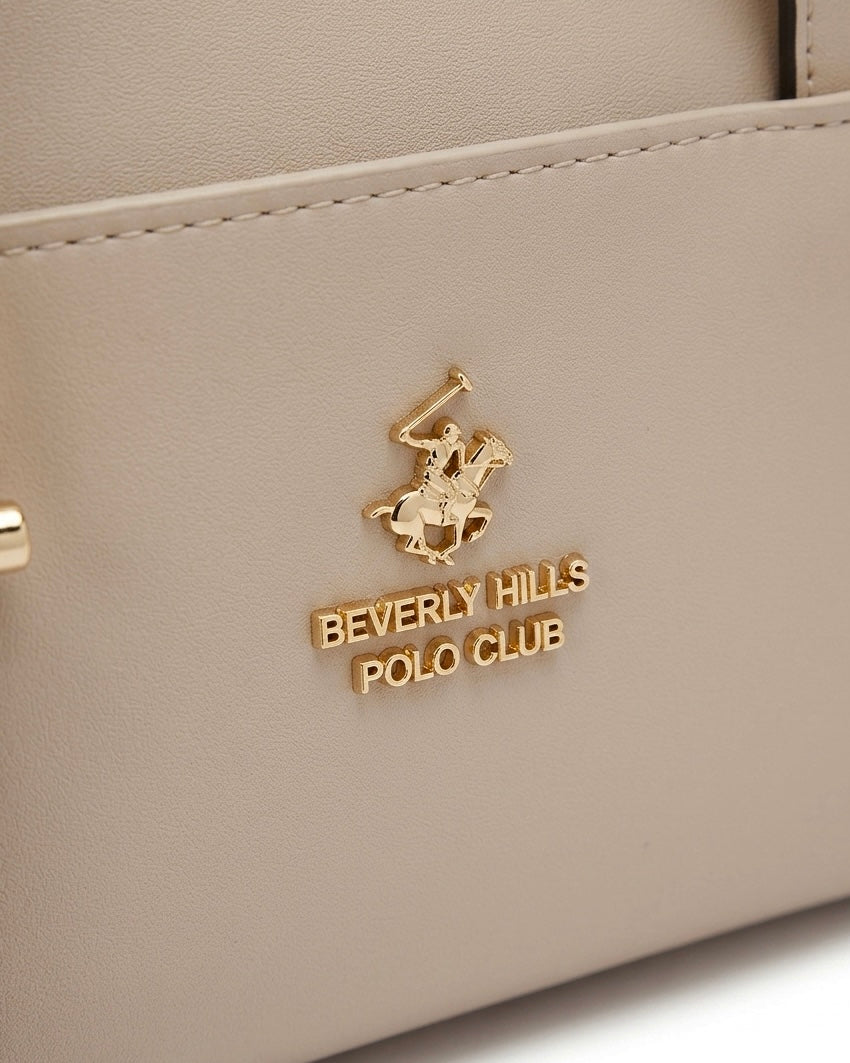 Borsa a mano Beverly Hills Polo Club color fango tortora strutturata con doppi manici, chiusura a zip e logo dorato frontale - Buttò Calzature - dettaglio. 
