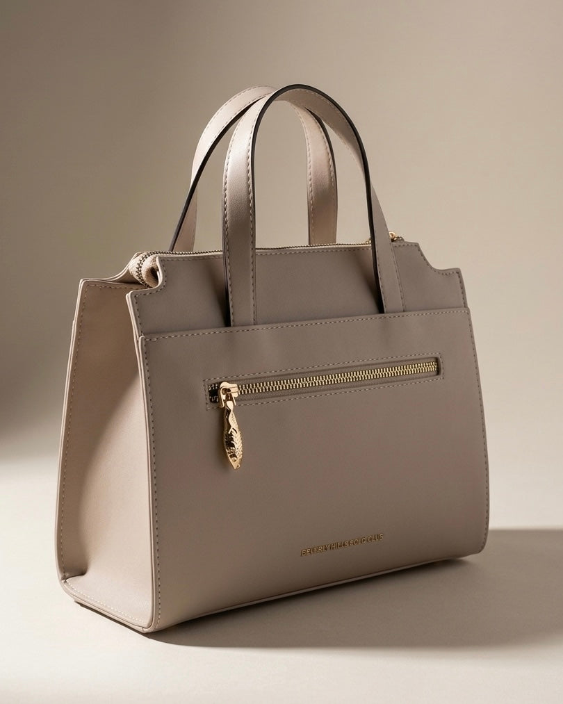 Borsa a mano Beverly Hills Polo Club color fango tortora strutturata con doppi manici, chiusura a zip e logo dorato frontale - Buttò Calzature - retro.