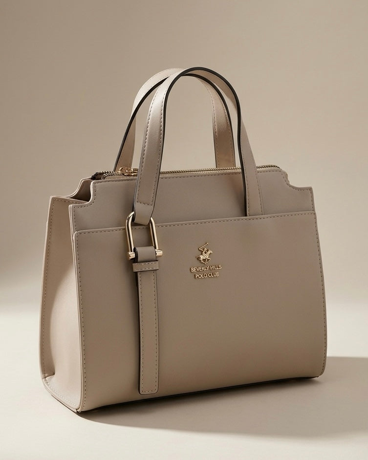 Borsa a mano Beverly Hills Polo Club color fango tortora strutturata con doppi manici, chiusura a zip e logo dorato frontale - Buttò Calzature.