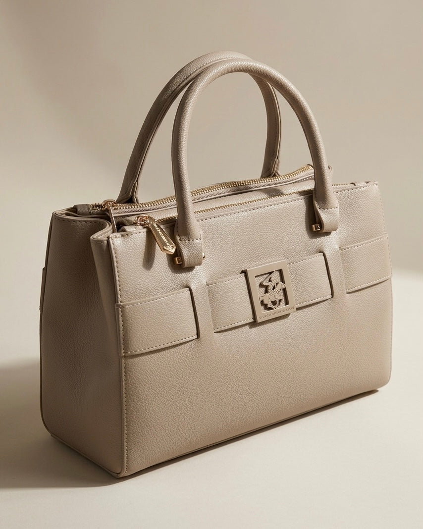 Borsa a mano Beverly Hills Polo Club color fango tortora con scomparti a zip, doppi manici e placca logo frontale - Buttò Calzature.