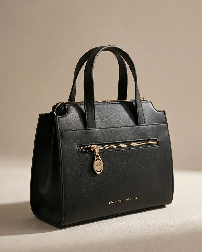 Borsa a mano Beverly Hills Polo Club nera strutturata con doppi manici, chiusura a zip e logo dorato frontale - Buttò Calzature - retro.