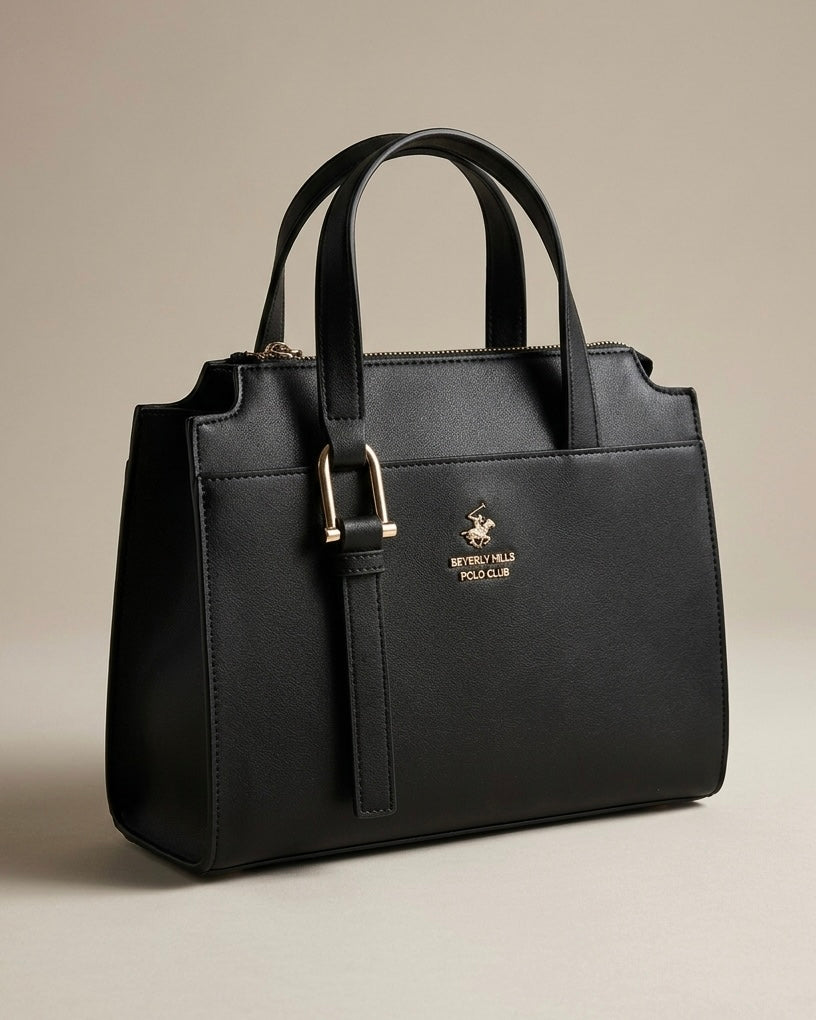 Borsa a mano Beverly Hills Polo Club nera strutturata con doppi manici, chiusura a zip e logo dorato frontale - Buttò Calzature.