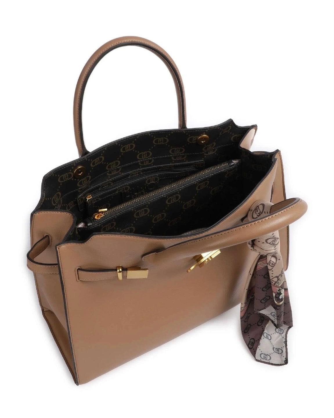 Borsa a mano Liu Jo color tortora in similpelle liscia, caratterizzata da chiusura frontale con logo monogram dorato, doppi manici e tracolla regolabile, interno borsa.