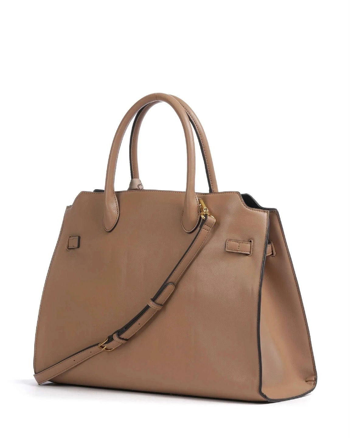Borsa a mano Liu Jo color tortora in similpelle liscia, caratterizzata da chiusura frontale con logo monogram dorato, doppi manici e tracolla regolabile, vista retro.