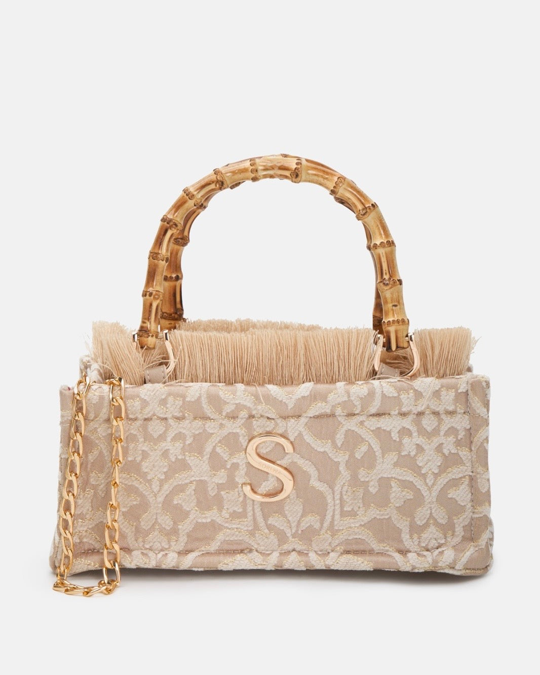 Borsa a mano e tracolla Sorena prodotta in Grecia in tessuto jacquard damascato beige e oro con manico in bamboo, frange e logo S dorato - Buttò Calzature.