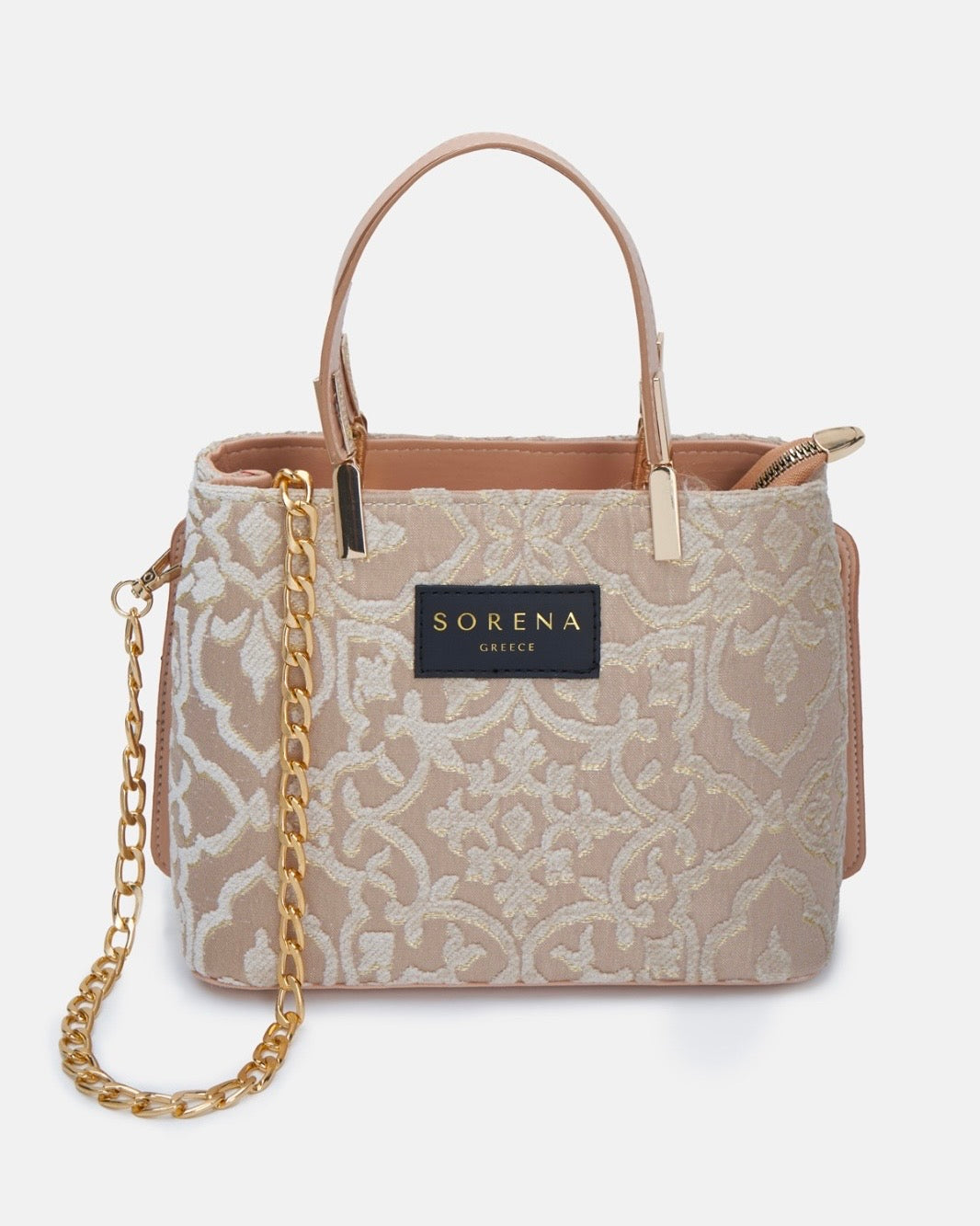 Borsa a mano e tracolla Sorena prodotta in Grecia in tessuto jacquard damascato beige e oro con manici rosa cipria, etichetta nera e catena dorata - Buttò Calzature.