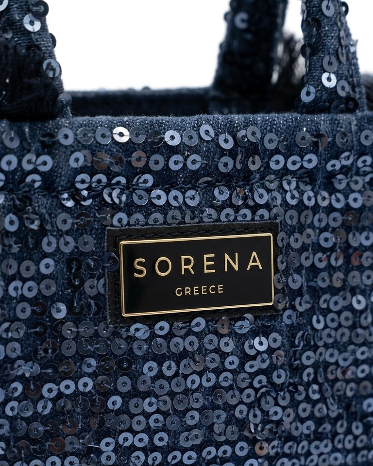 Borsa a mano Sorena prodotta in Grecia in tessuto scuro ricoperto di paillettes blu notte con manici coordinati - Buttò Calzature - logo.