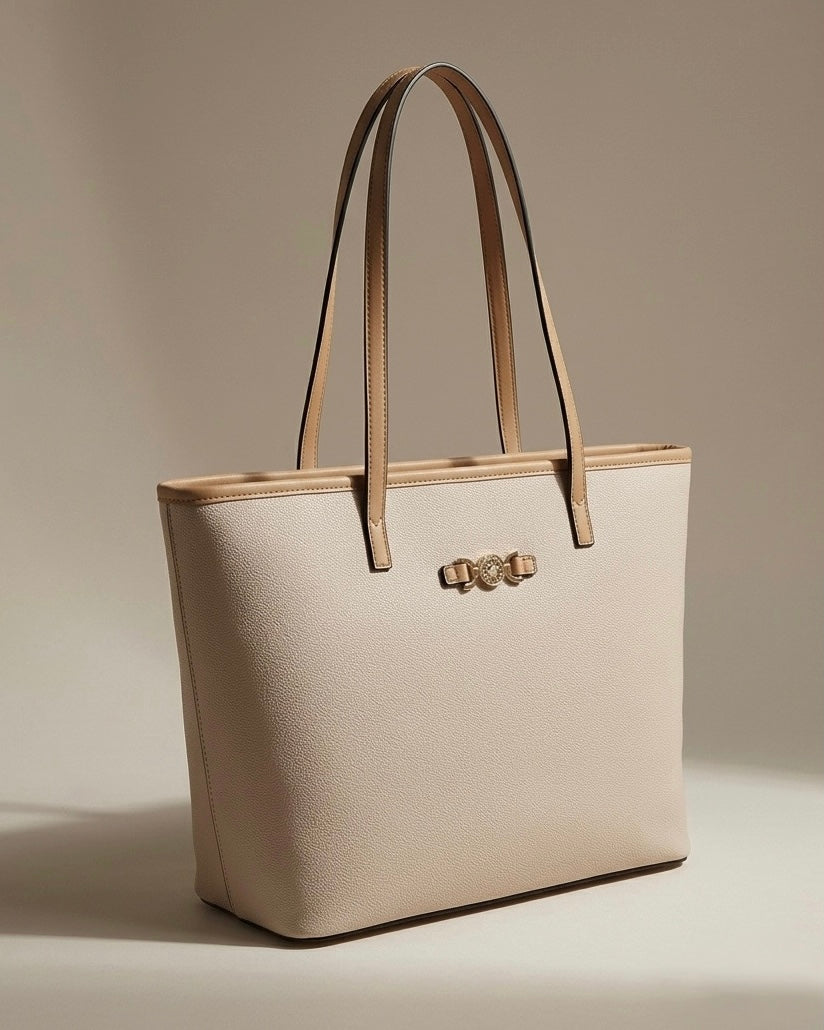 Borsa shopping a spalla Beverly Hills Polo Club color avorio con profili beige a contrasto e logo metallico dorato - Buttò Calzature.